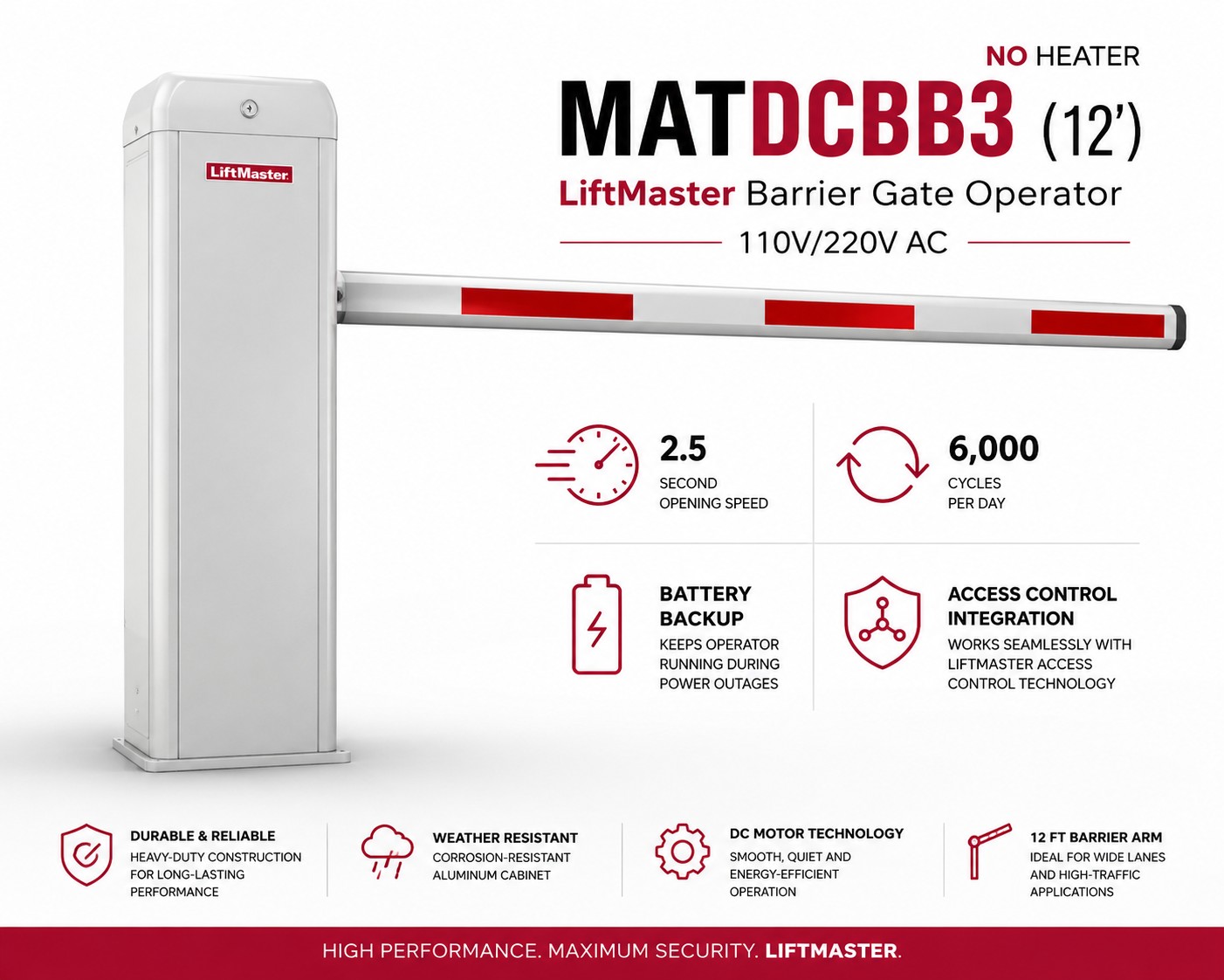 lm 1 No Heater MATDCBB3 (12') - LIFTMASTER BARRIER GATE OPERATOR 110V/220V - Image 1